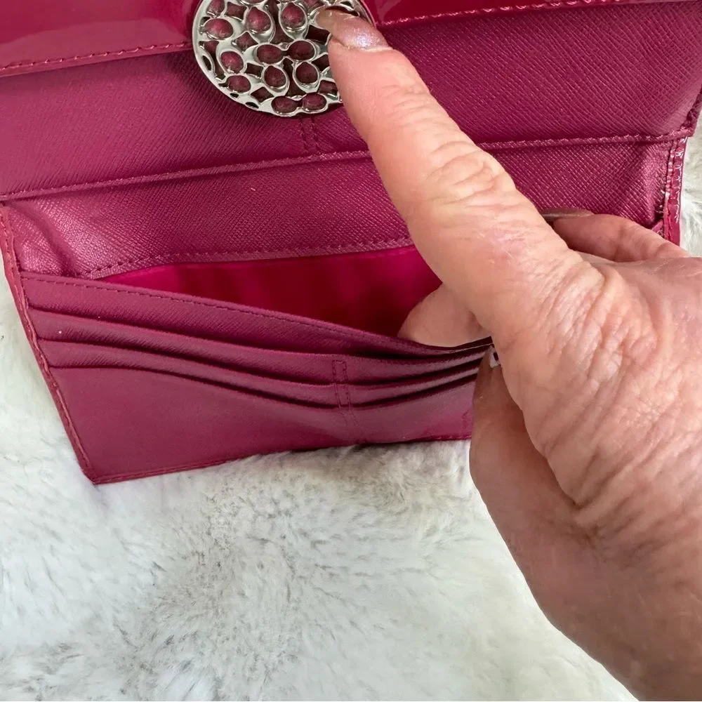 COACH Laura Fuchsia Patent Leather Metal Logo Trifold Wallet